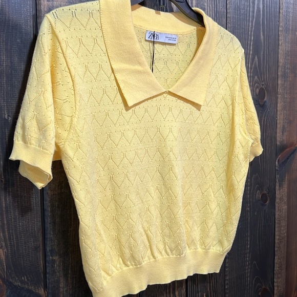 Zara Cropped Polo Top M Yellow Eyelet Short Sleeves Collared Academia Preppy - Picture 2 of 9